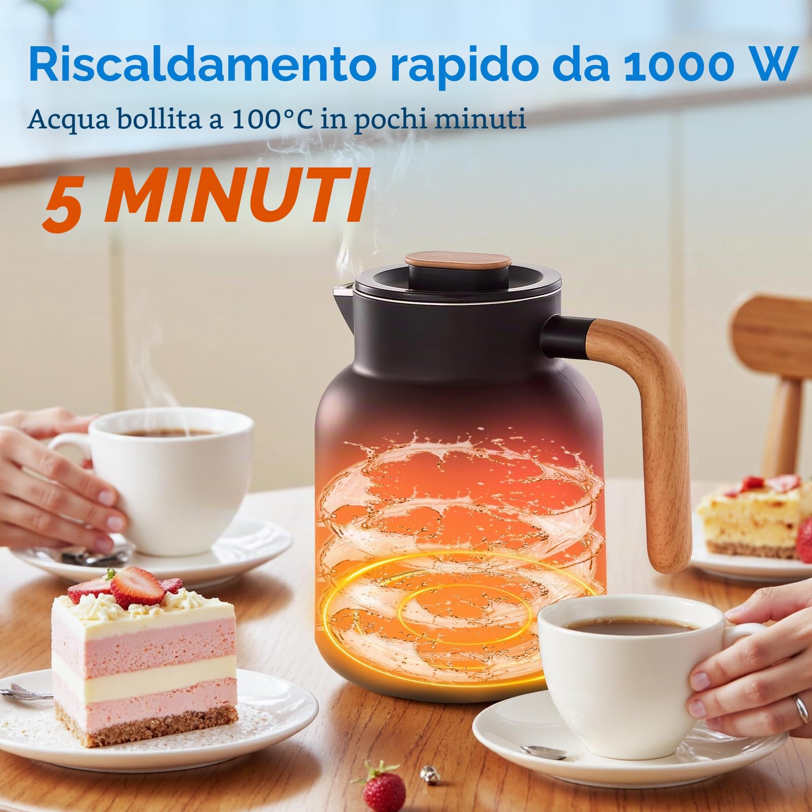 DmofwHi Bollitore Elettrico 1 Litro Acciaio Inox, 1000 W, Display Digitale, 5 Livelli di Temperatura, Funzione di Mantenimento del Calore 4H, Doppia Parete, Ideale per Caffè e Tè in Ufficio – Nero
