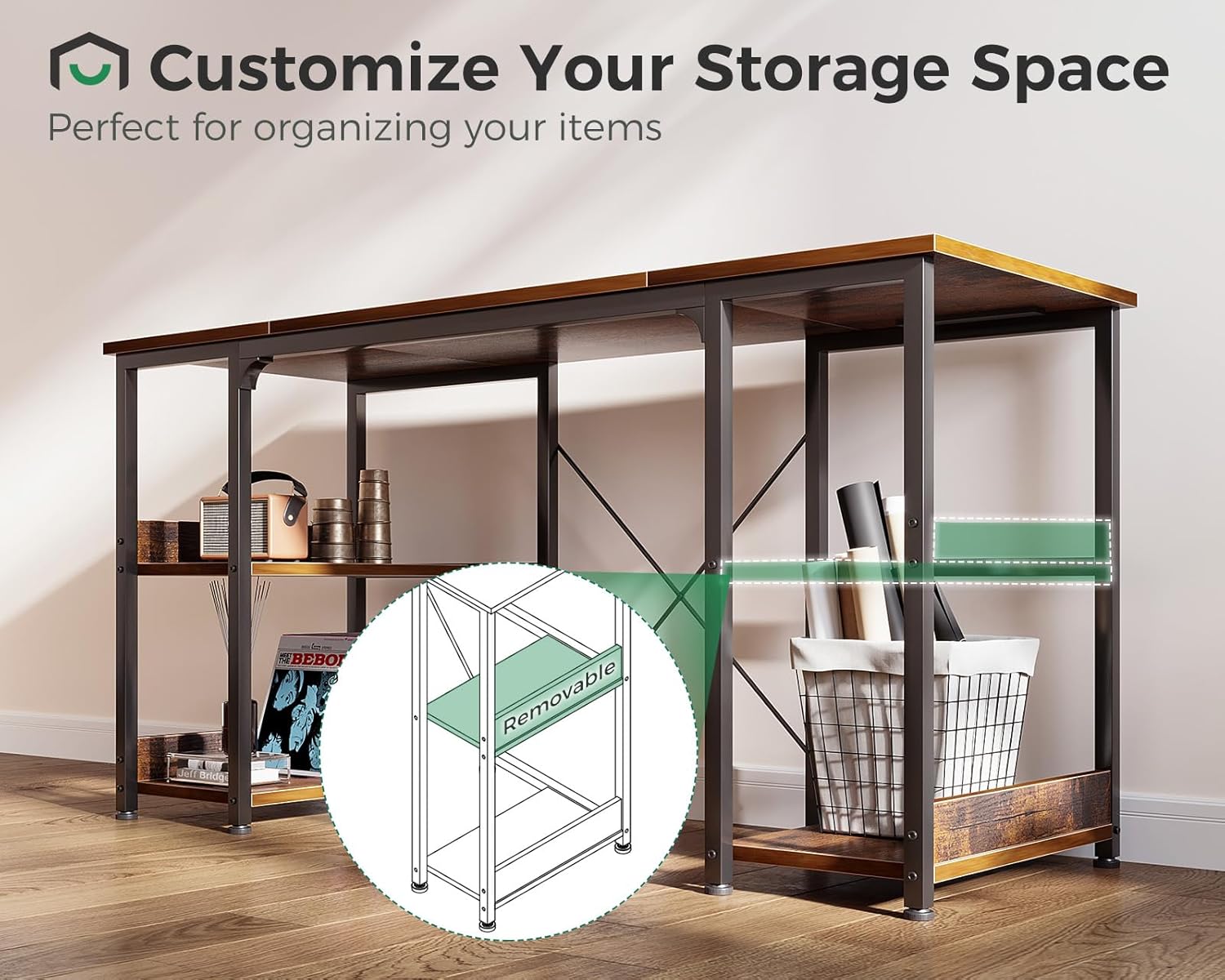 Diagram showing the removable middle shelf of the desk's storage unit, allowing for flexible storage configurations.