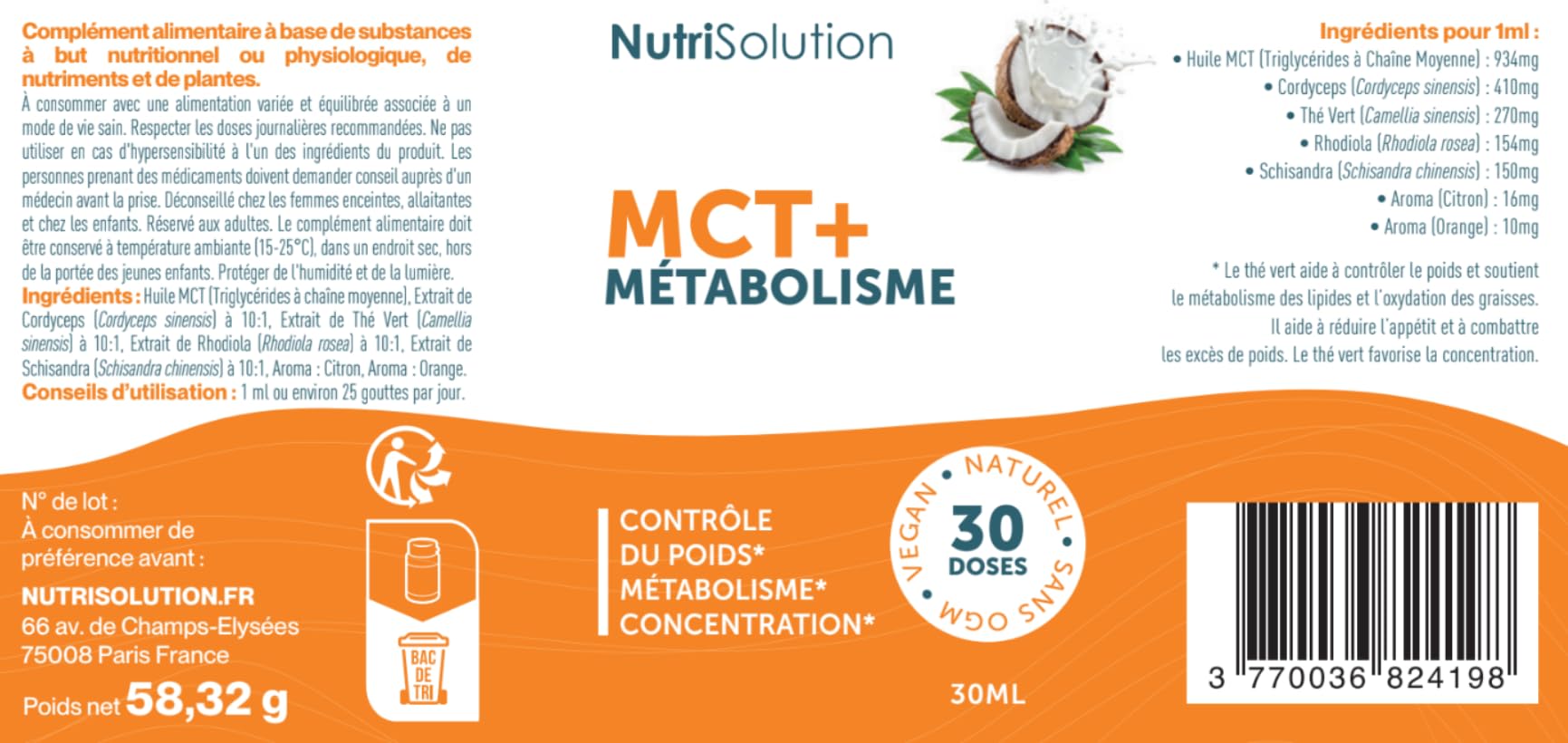 MCT+ par Nutrisolution: Extrait d'Huile de Coco Premium - Stimule le Métabolisme avec Schisandra, Rhodiola & Thé Vert - Brûle la Graisse Abdominale - 30ml Gouttes Liquides (1)