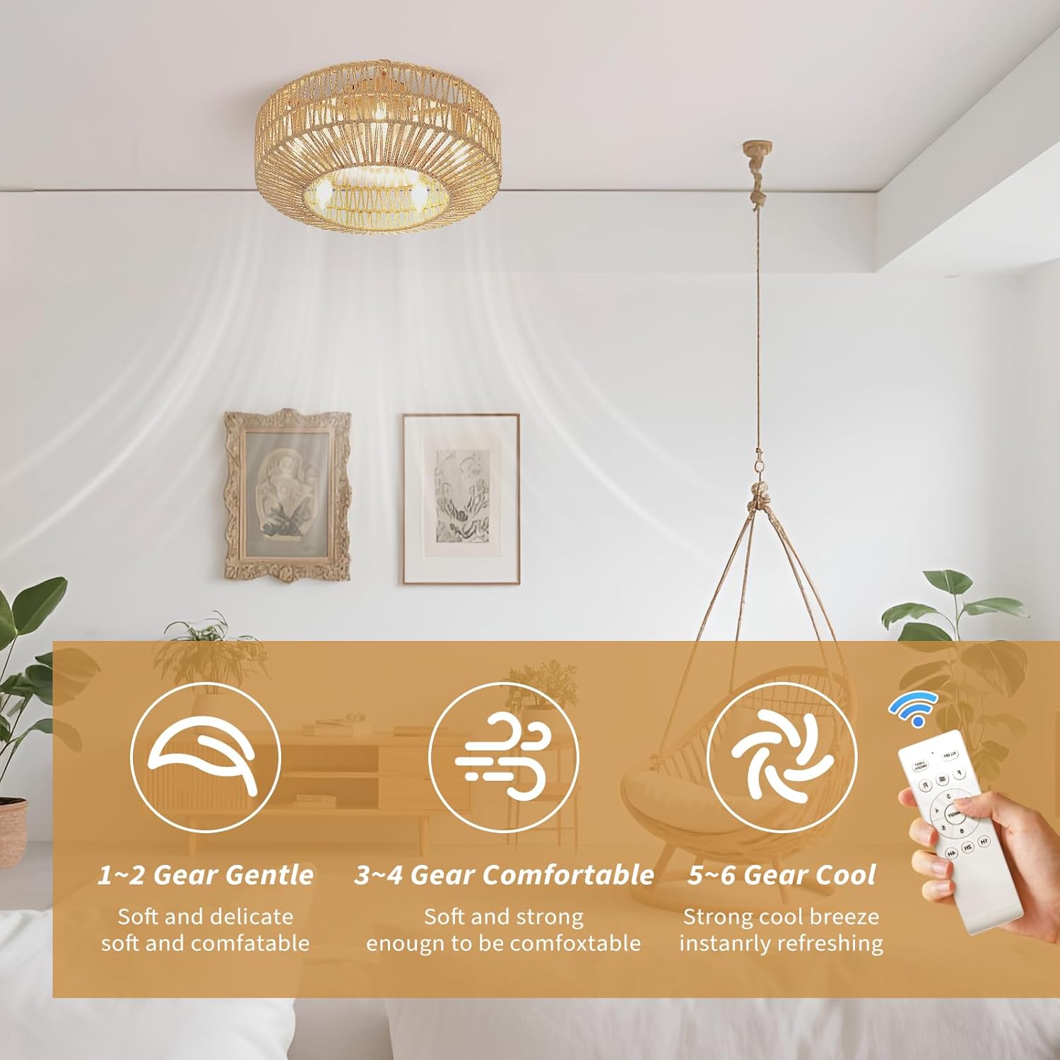 20 Inch Boho Low Profile Ceiling Fan with Soft Yellow Light, Handwoven Rattan & Hemp Design, Remote Control Fandelier - Includes 5+1 LED Bulbs, Flush Mount for Bedroom, Living Room, Patio