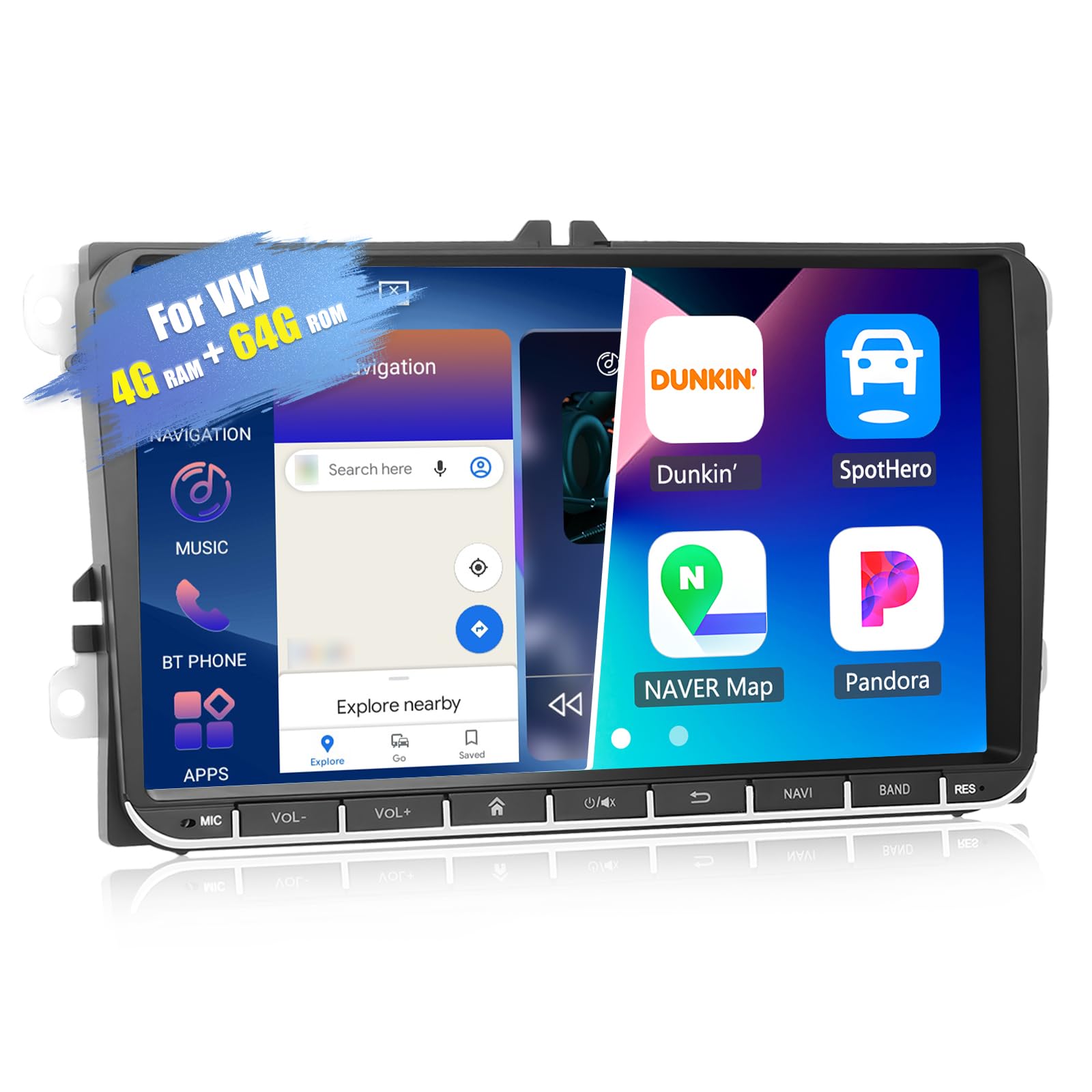 CAMECHO 4G+64G Android 13 Radio 2 DIN para VW Golf 5 Polo Skoda con Carplay Android Auto GPS,Pantalla Táctil de 9 Pulgadas Radio Coche con Bluetooth Mirror Link FM/RDS WiFi SWC y USB