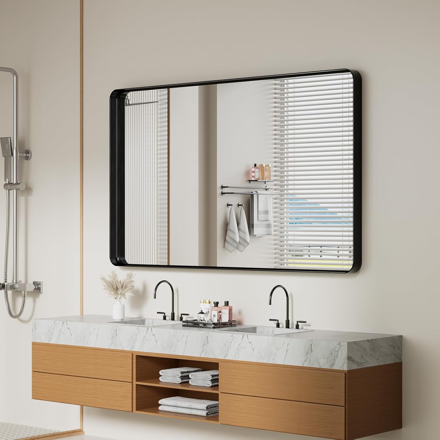 Koonmi Black Wall Mirror for Bathroom, 36x60 Inch Matte Deep Framed Rounded Rectangle Vanity Mirror for Farmhouse Living Room, Tempered Glass, Anti-Rust, Vertically or Horizontally