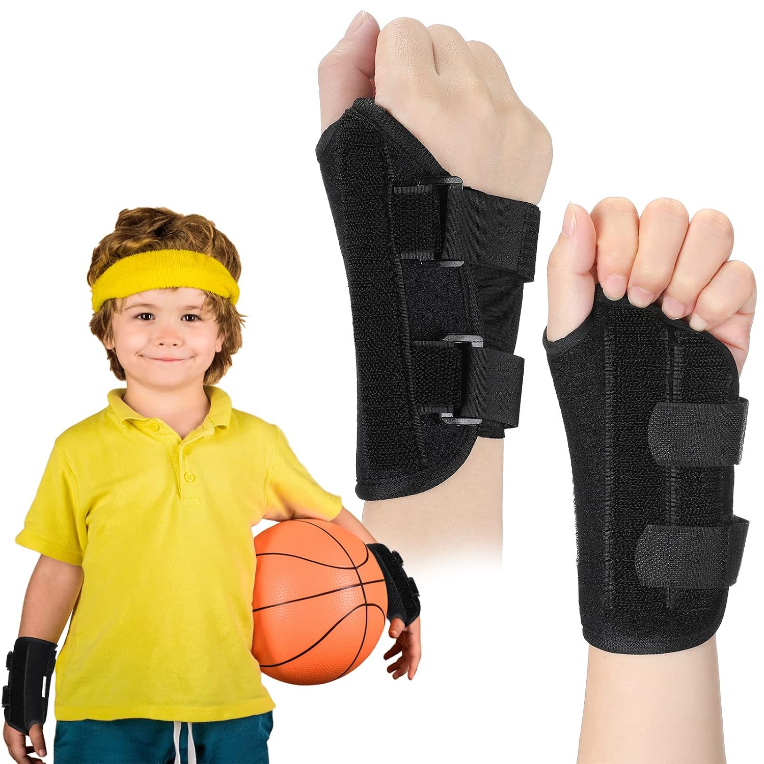 Konohan 2 Pcs Wrist Brace for Kids Youth Carpal Splints Wrist Brace Sports Night Support with Adjustable Compression Straps for Children Sleep (Pink,Age 8-12)