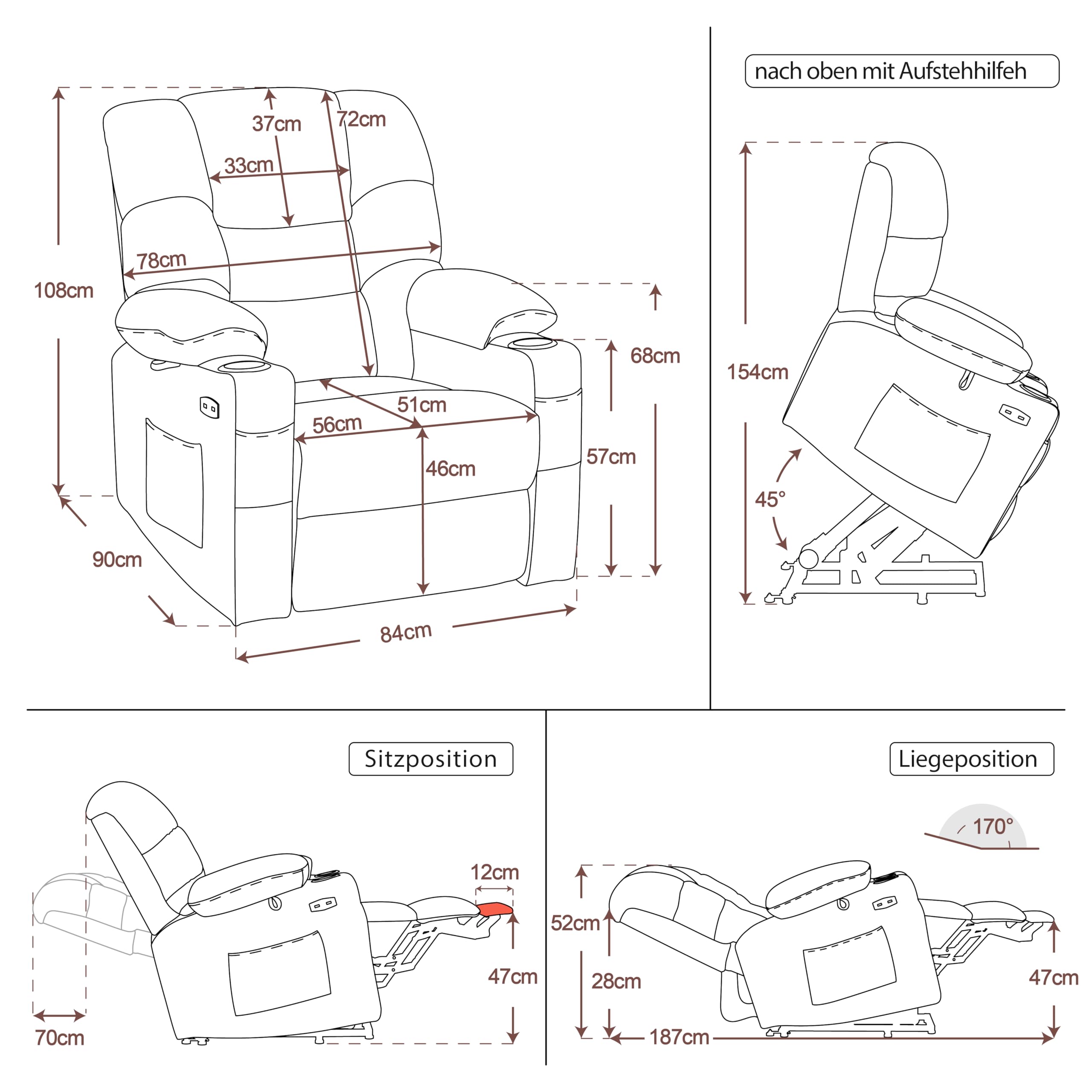 MCombo M poltrona elettrica con 3 motori, schienale e poggiapiedi regolabili, funzione di relax e reclinazione fino a 170°, Testa regolabile 7550 (Grigio)