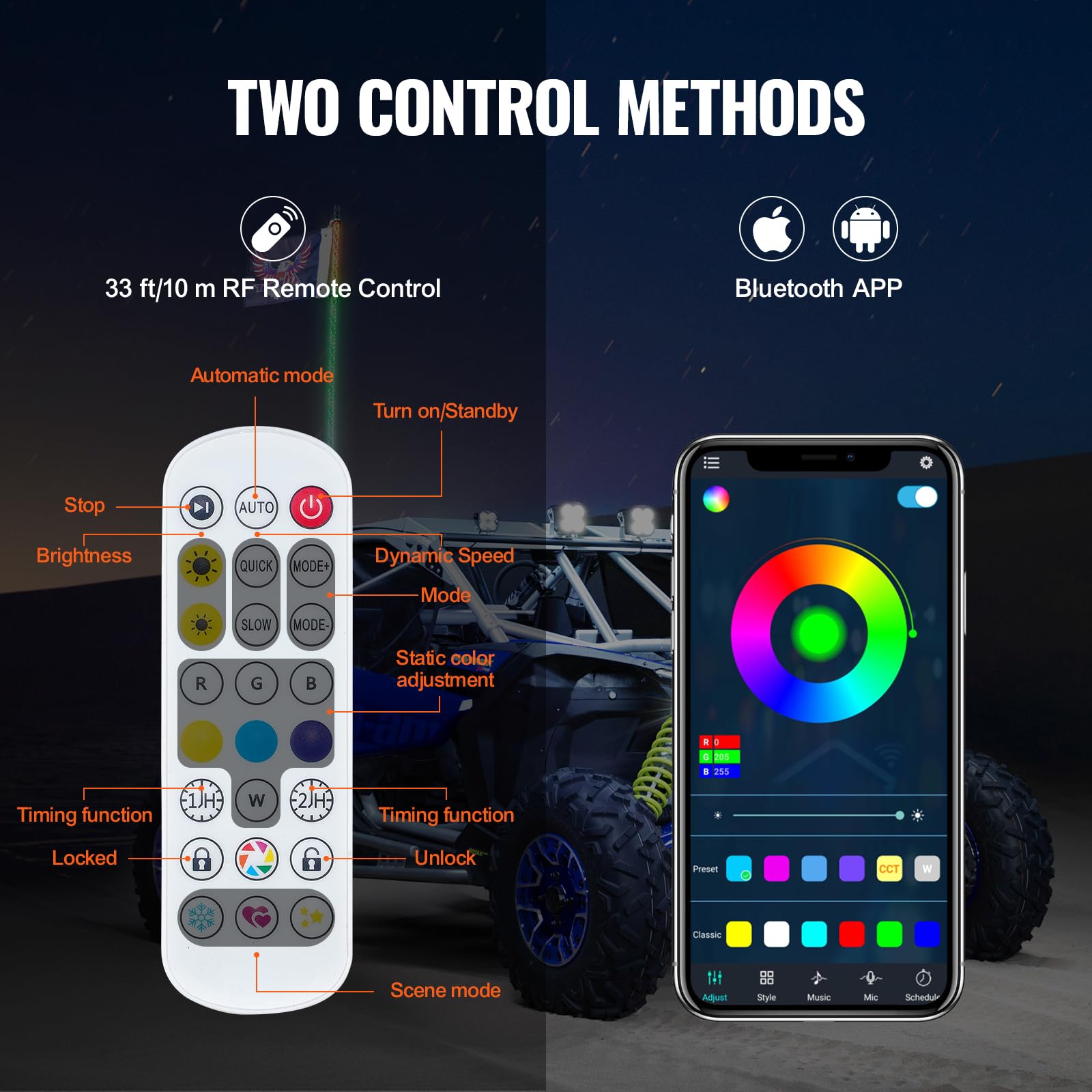 VEVOR Fouet Lumineux LED de 91 cm avec Base à Ressort, Télécommande APP et RF, Étanche à 360° en Spirale RVB avec 2 Drapeaux, Éclairage pour UTV, VTT, Motos, RZR, Camions, Tout-Terrain, 1 Pièce
