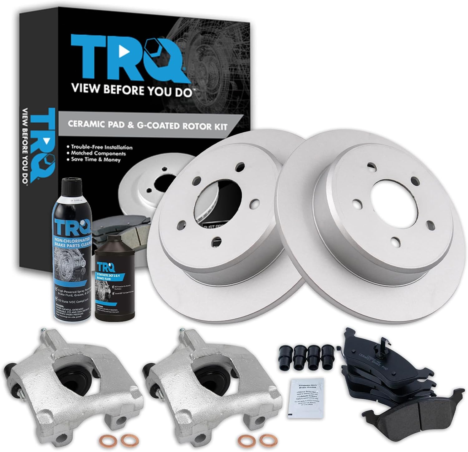 TRQ Rear Brake Pad, Caliper, & Rotor Kit, with Chemical Kit Ceramic Premium G-Coated Compatible with 2001-2007 Chrysler Town & Country Dodge Caravan Grand Caravan