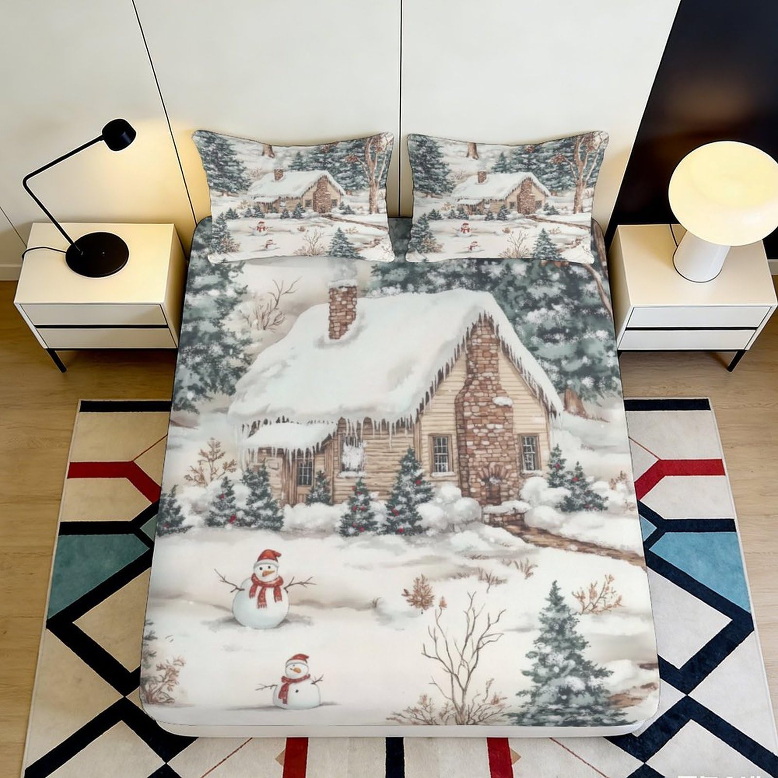 3D Printed Winter Cabin Fitted Sheet Microfiber Soft Breathable Snowy Landscape Bed Cover for Bedroom Dormitory Guest Room Mattress Protection Decor 180x200x25cm