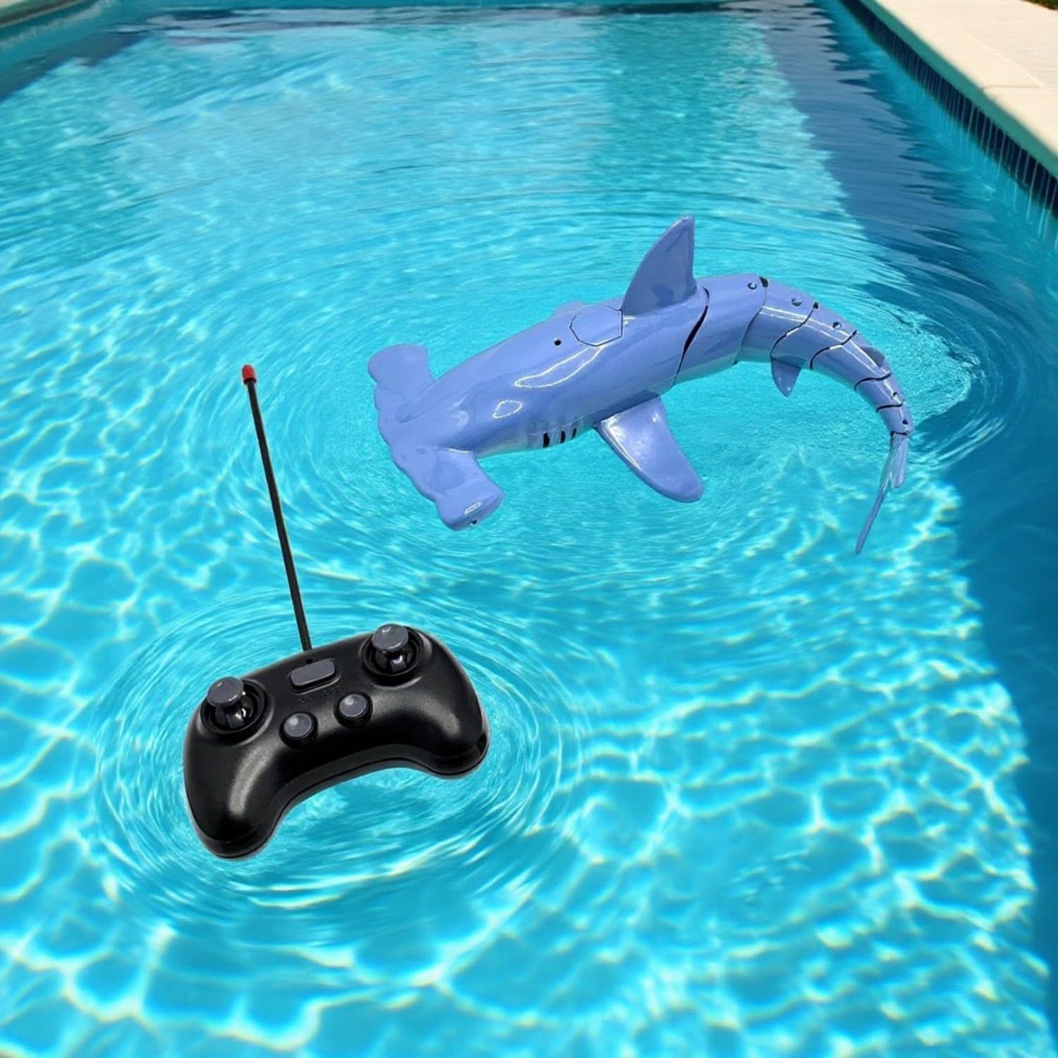 Summer Pool and Beach Remote Control Shark Boat, Bath Toys, RC Submarine Robo Shark Model, Realistic Wiggle-Tail Electric Fish, Hammerhead and Dusky Sharks, Kids Gift, Pool Toy for Ages 6–12 (Blue)