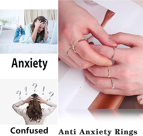 Miniatura 5 de S925 Sterling Silver Fidget Ring for Women Men, 2Pcs Fidget Rings for Anxiety for Women Spinner Ring Anti Anxiety Rings with Beads Twist Rings