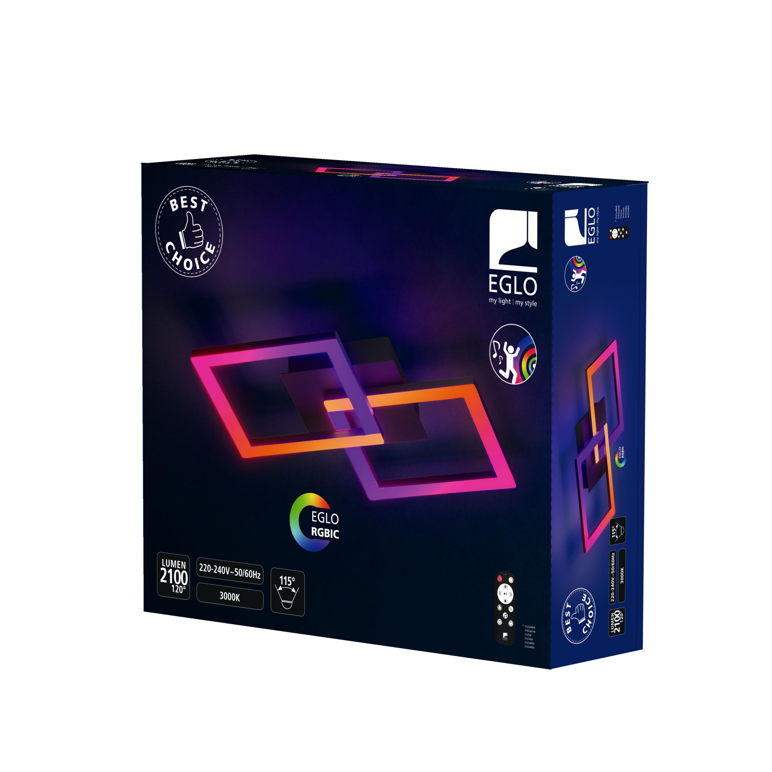 Eglo Luminaire plafonnier LED RGBIC, lampe de plafond géométrique avec | effets lumière, déco bureau gaming et fête, spot multicolore avec télécommande, blanc chaud et RGB, métal noir