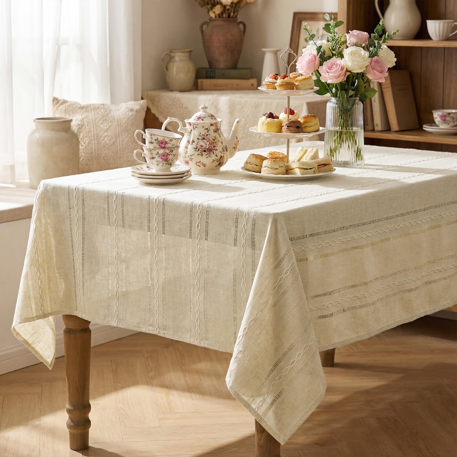 Horaldaily Beige Cotton Blend Tablecloth 60×84 Inch Rectangular, Farmhouse Style, Wrinkle Resistant Washable Table Cloth, Hemstitched Embroidery Table Cover for Home