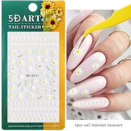 5D Embossed Flower Nail Art Stickers, 6 Sheets Self-Adhesive Nail Sticker Decals,Luxury Hollow Exquisite Pattern Spring Daisy Leaf Butterfly Lace Carving Design for Salon Home Acrylic Nail Decoration