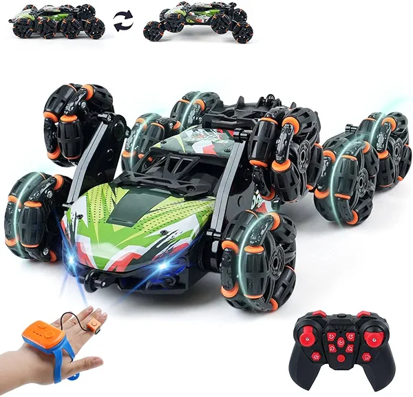 ToyFuntasy 8 Wheels Remote Control Car - Birthday Gifts for 6 7 8 9 10 11 12 Years Old Boys, Gesture Sensing RC Stunt Car with Lights & Spray & 360 Degree Flips, 2.4Ghz Climbing Toys for Kids Age 6-12
