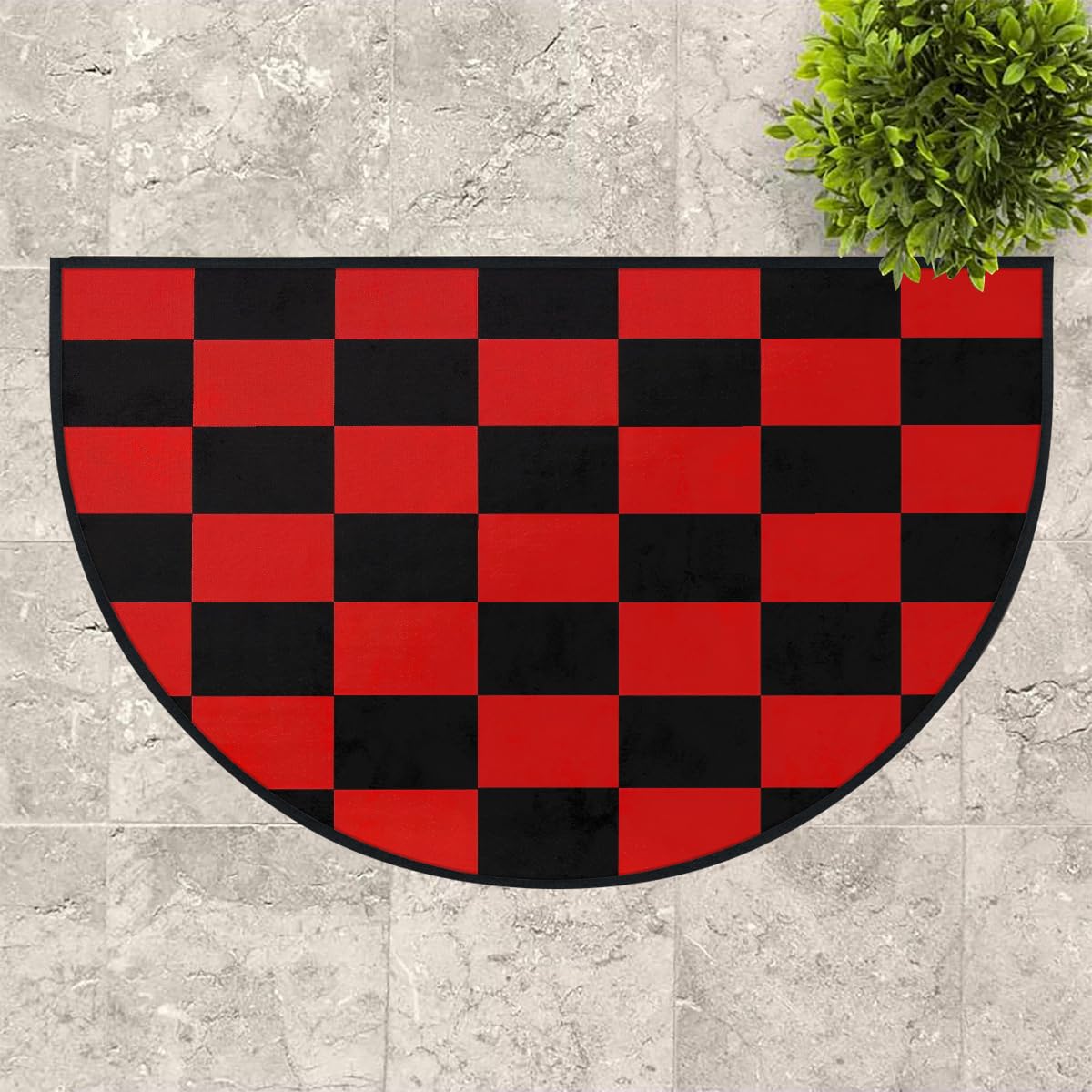 Mexpekil Paillasson demi-lune à carreaux noirs et rouges pour intérieur et extérieur - Demi cercle - Absorbant la saleté - 100 x 160 cm