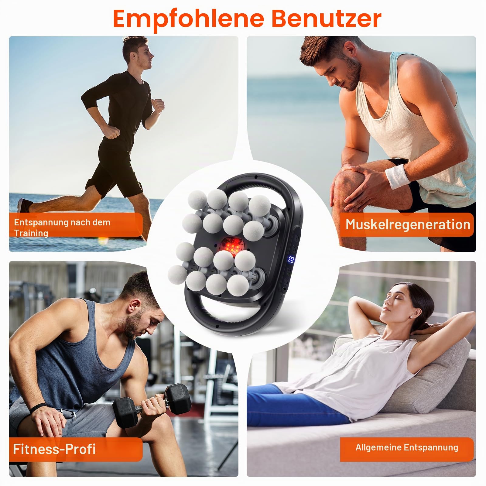 16 Köpfe Massagepistole für Muskelmassage mit 30 Stufen und 9 Modi, Nackenmassagegerät Leise mit Rotlicht, Elektrisches Massagegerät für Beine Arme Taille Rücken Gesäß Ganzkörper Muskelentspannung