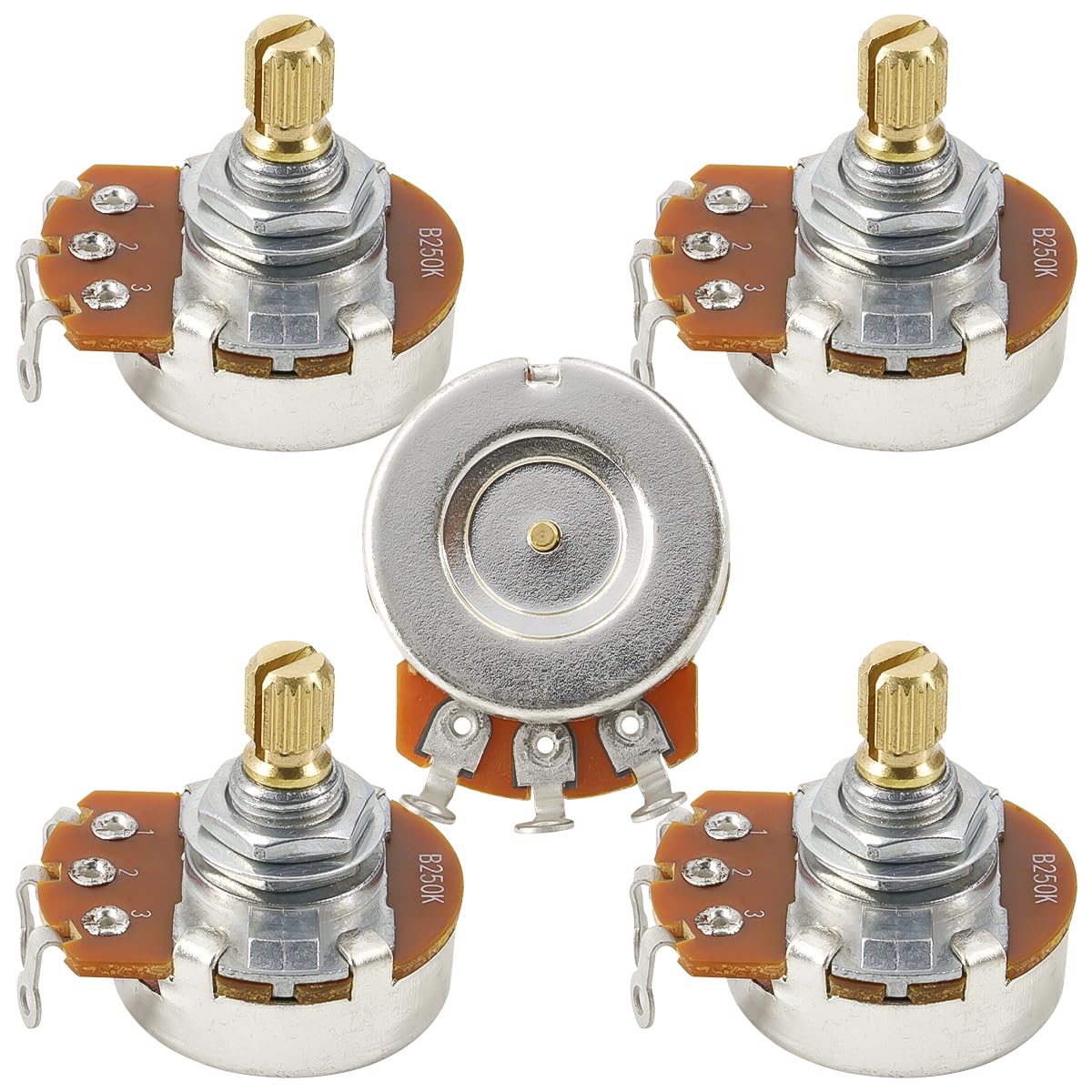Guitar Potentiometer A250K Full Size Brass Split Shaft Audio Taper Pots for Electric Guitar/Bass Replacement Parts Pack of 5 (B250K)