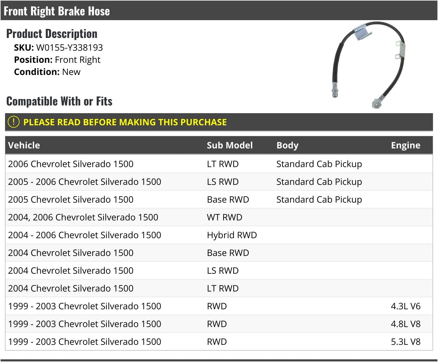 Marketplace Auto Parts Front Right Passenger Side Brake Hose - Compatible with 1999-2006 Chevy Silverado 1500 Standard Cab Pickup