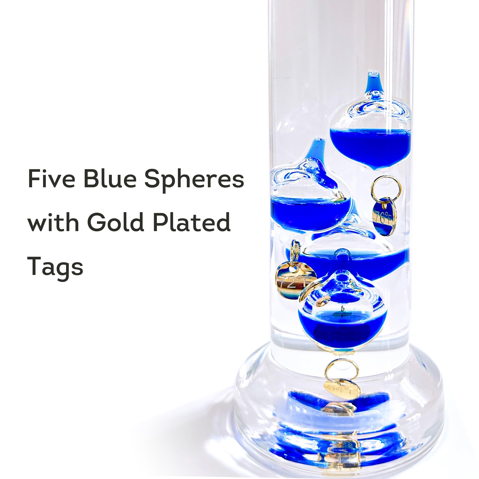 Lily's Home Termometro Galileo in vetro blu da 28 cm con etichette dorate da 64ºF a 80ºF, regalo ideale per amici e familiari, decorazione per interni ed esterni