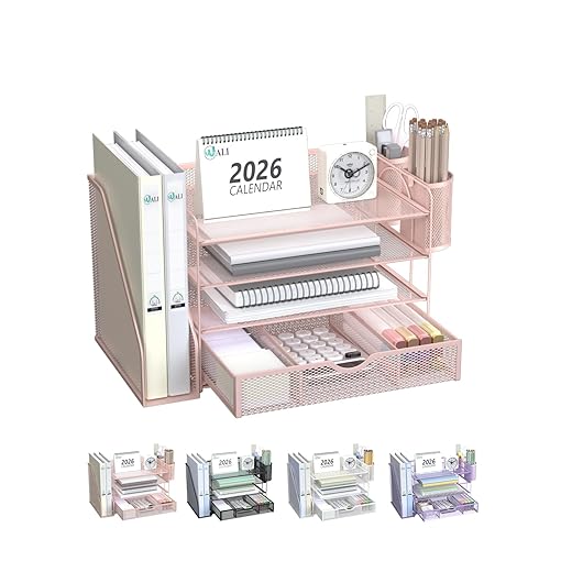 WALI Desk File Organizer, 4 Tier Desktop Paper Letter Tray Organizer with Drawer and 2 Pen Holders, Office Desk Accessories & Workspace Organizers for Office, Home Supplies(DO005DH-P), 1 Pack, Pink
