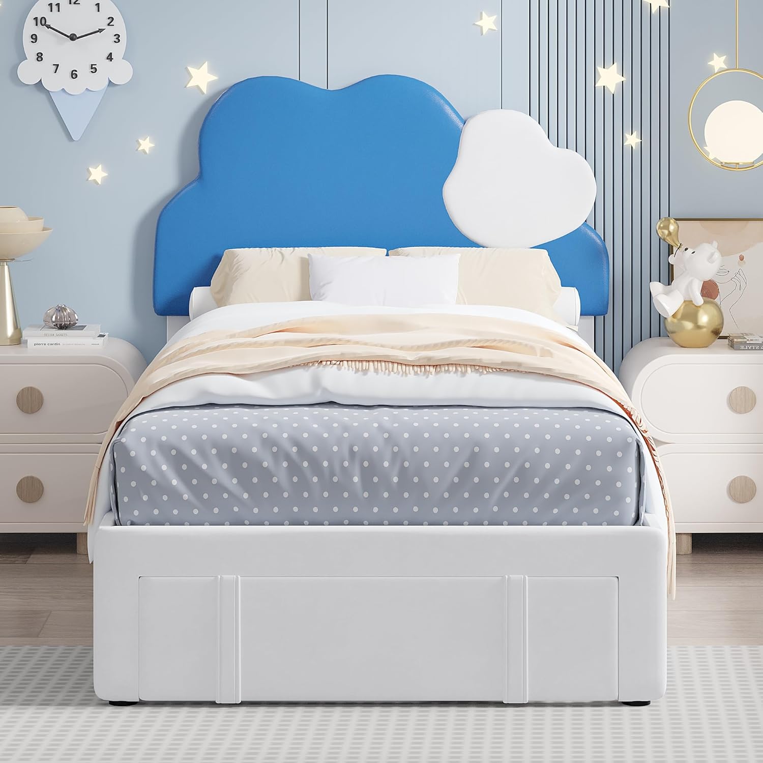 VECELO Twin Size Bed Frame, Upholstered Platform Bedframe with Height Adjustable Cloud-Shaped Headboard, Strong Wood Slat Supports, No Box Spring Needed, Blue