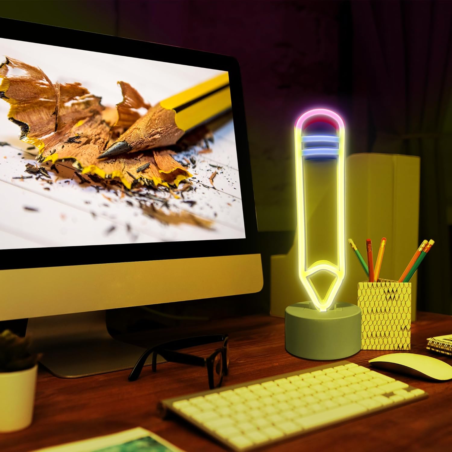 Lumoonosity Pencil LED Neon Signs - Desk/Table Classroom Lamp with Stand for Bedroom, Study Room, Game Room - USB/Battery Powered Pencil Neon Lights - Back to School Classroom Lights for Teachers