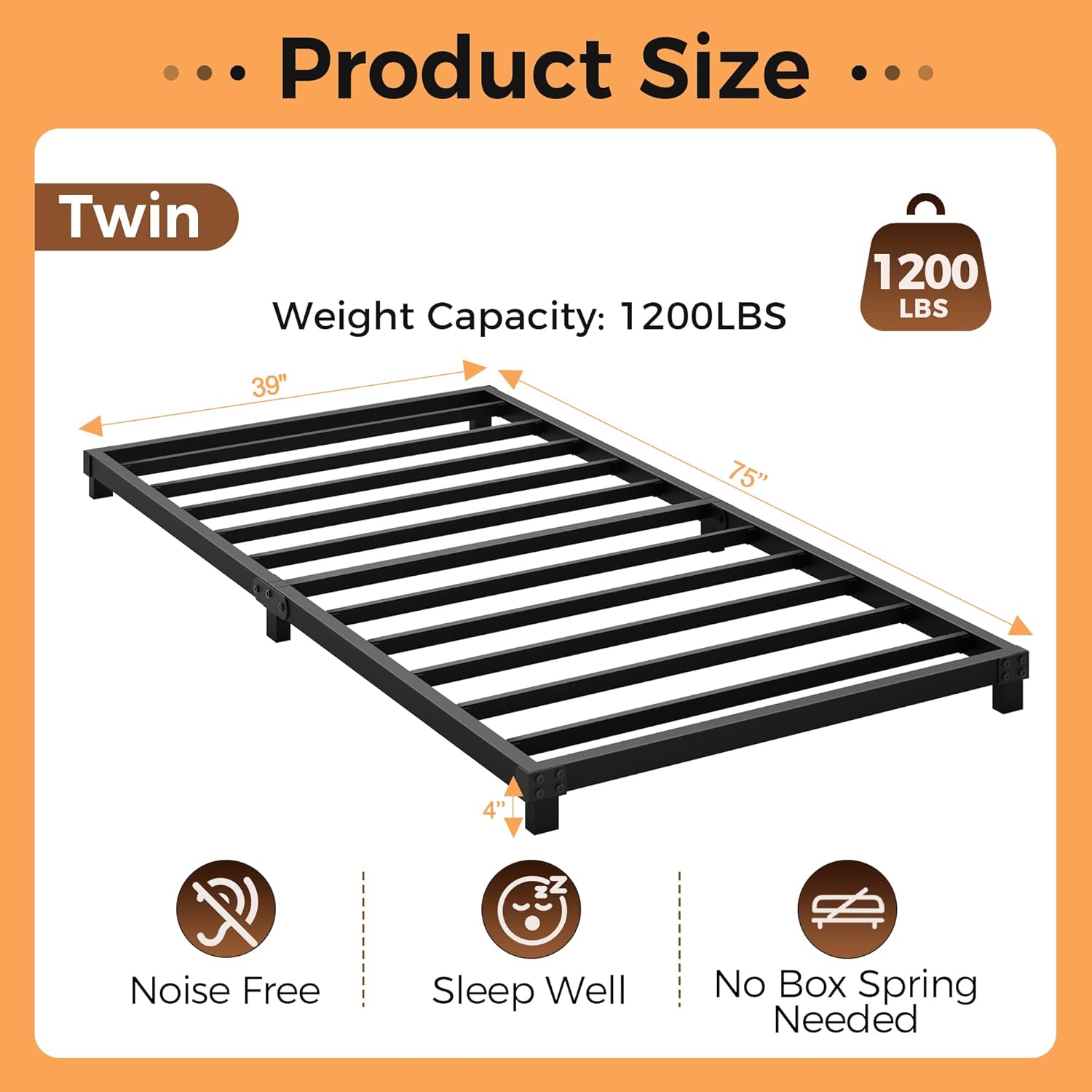 Mashomdec 4 Inch Bed Frames Twin Size Low Profile Metal Platform Bed Frame Heavy Duty Steel Slat Support, No Box Spring Needed, Easy Assembly, Noise Free Twin 4 Inch
