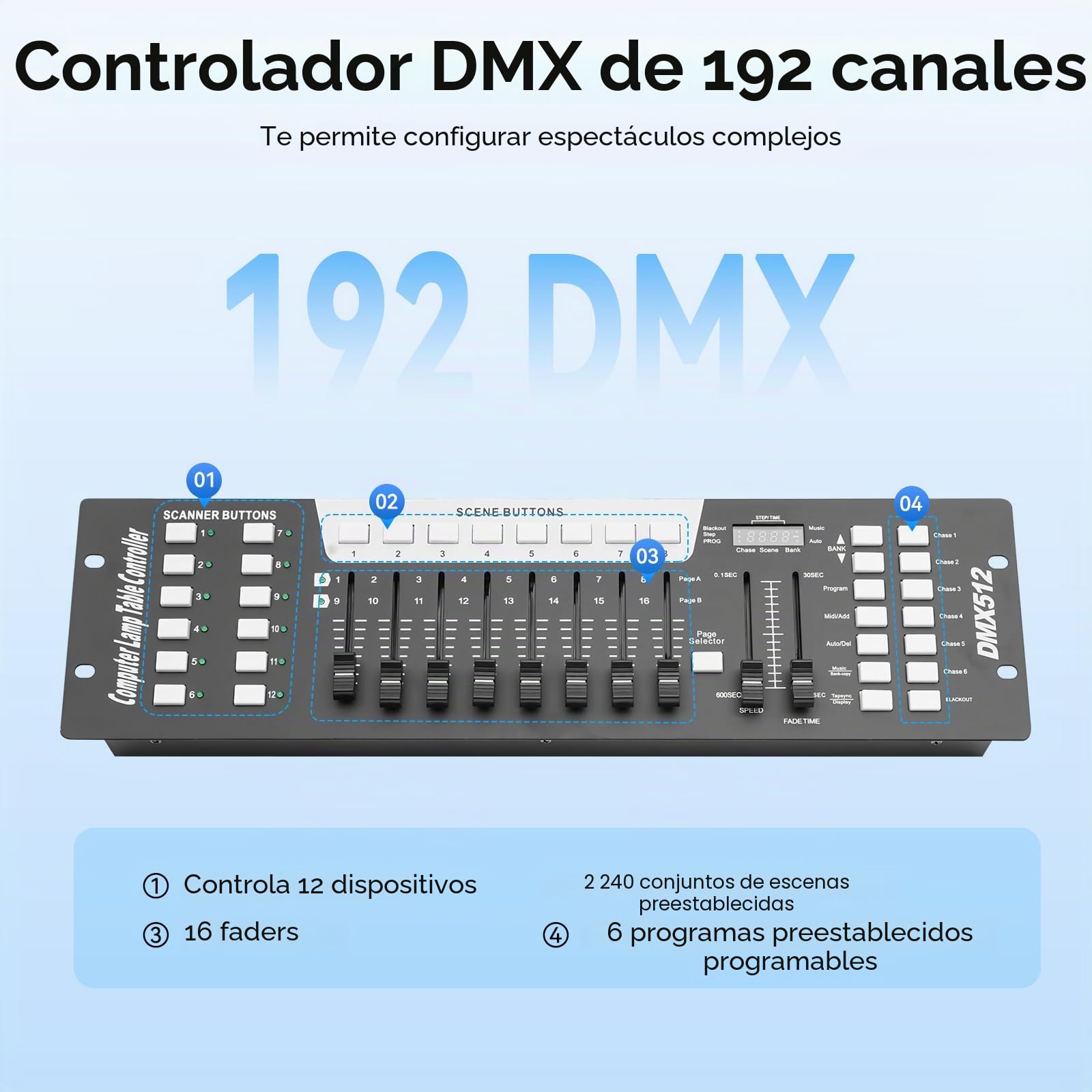 DMX Controlador DMX 512 Consola para iluminación de escenario, 192 canales, consola de 240 escenas para 6 unidades, tablero de luz DMX fiesta, DJ Disco Moving Head Luz escenario lámpara operador