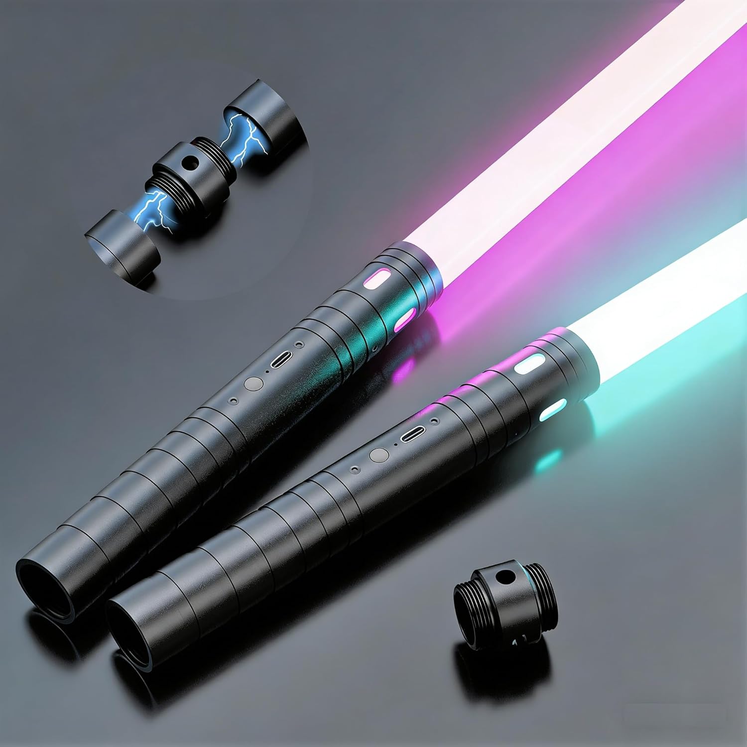 Lightsaber 2 Pack - Metal Hilt Dueling Light Sword with Connector (2-in-1), 20 RGB Colors & 3 Sound Modes, Rechargeable Cosplay Toy for Kids & Adults Gift, Halloween Christmas (24 in,Black)