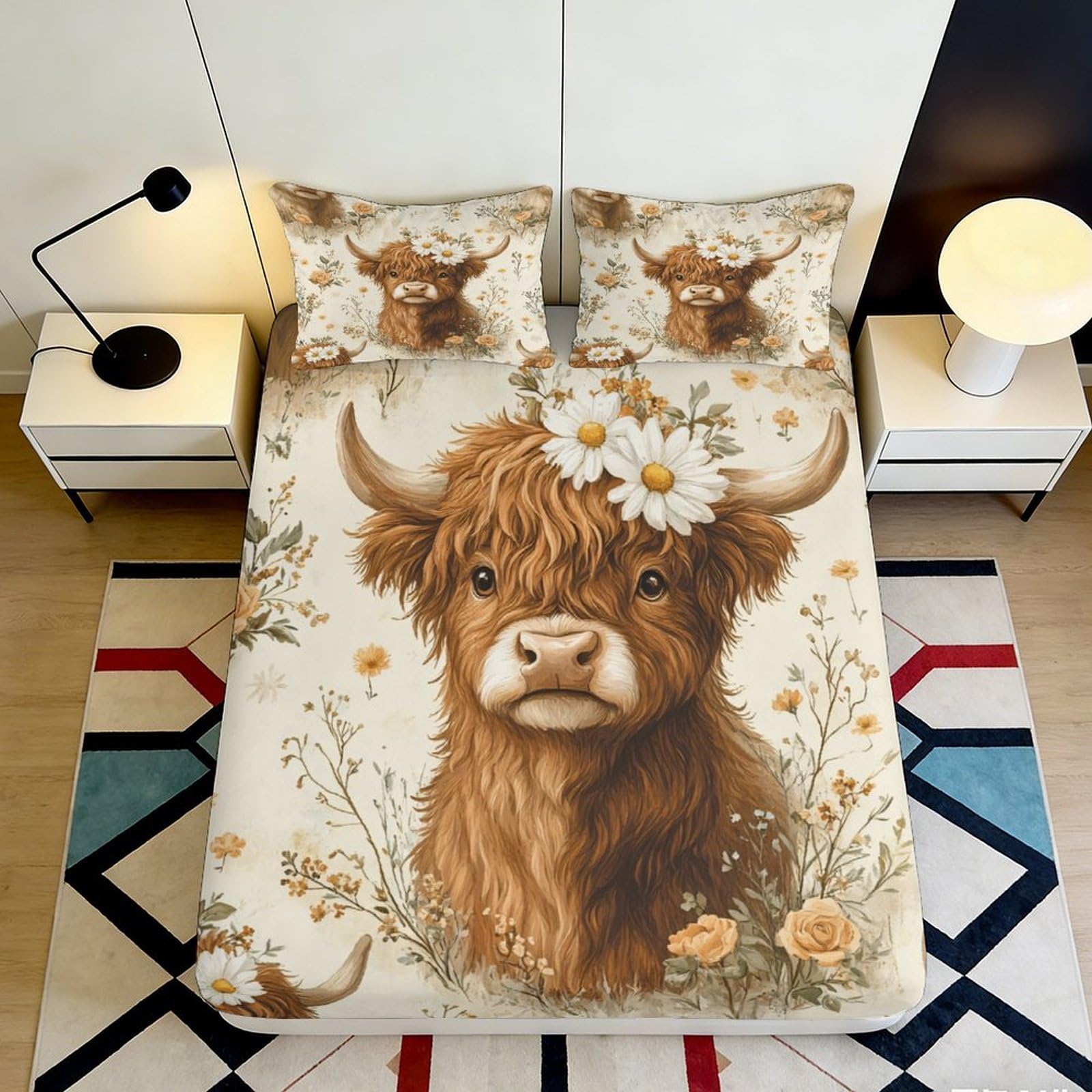 3D Printed Highland Cow Floral Fitted Sheet Microfiber Soft Breathable Rustic Bull Bed Cover for Bedroom Dormitory Guest Room Mattress Protection 140x200x25cm