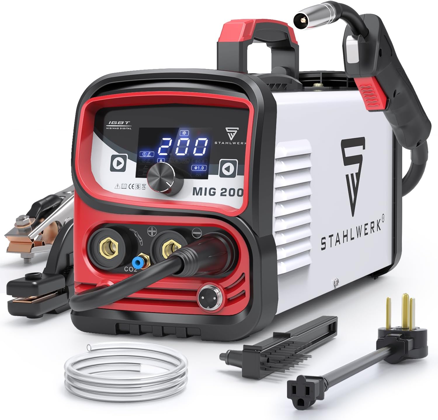 STAHLWERK MIG 200 Multi-Process Welder - 220V Flux Core Welder, IGBT Inverter, MIG/TIG/Stick 4 in 1, LED Digital Display Welding Machine with Overheat Protection