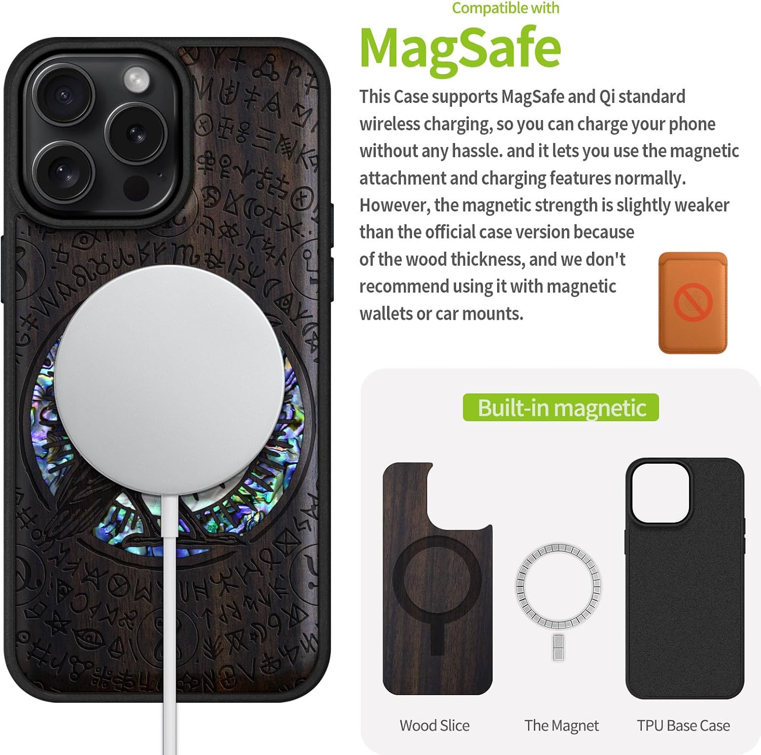 Carveit Magnetic Case for iPhone 16 Pro Max Case, Wood Artisan Engraved & Handmade Shell Inlaid, TPU Shockproof Cover, Compatible with MagSafe Wireless Chargers (Haloed Crow) Blackwood