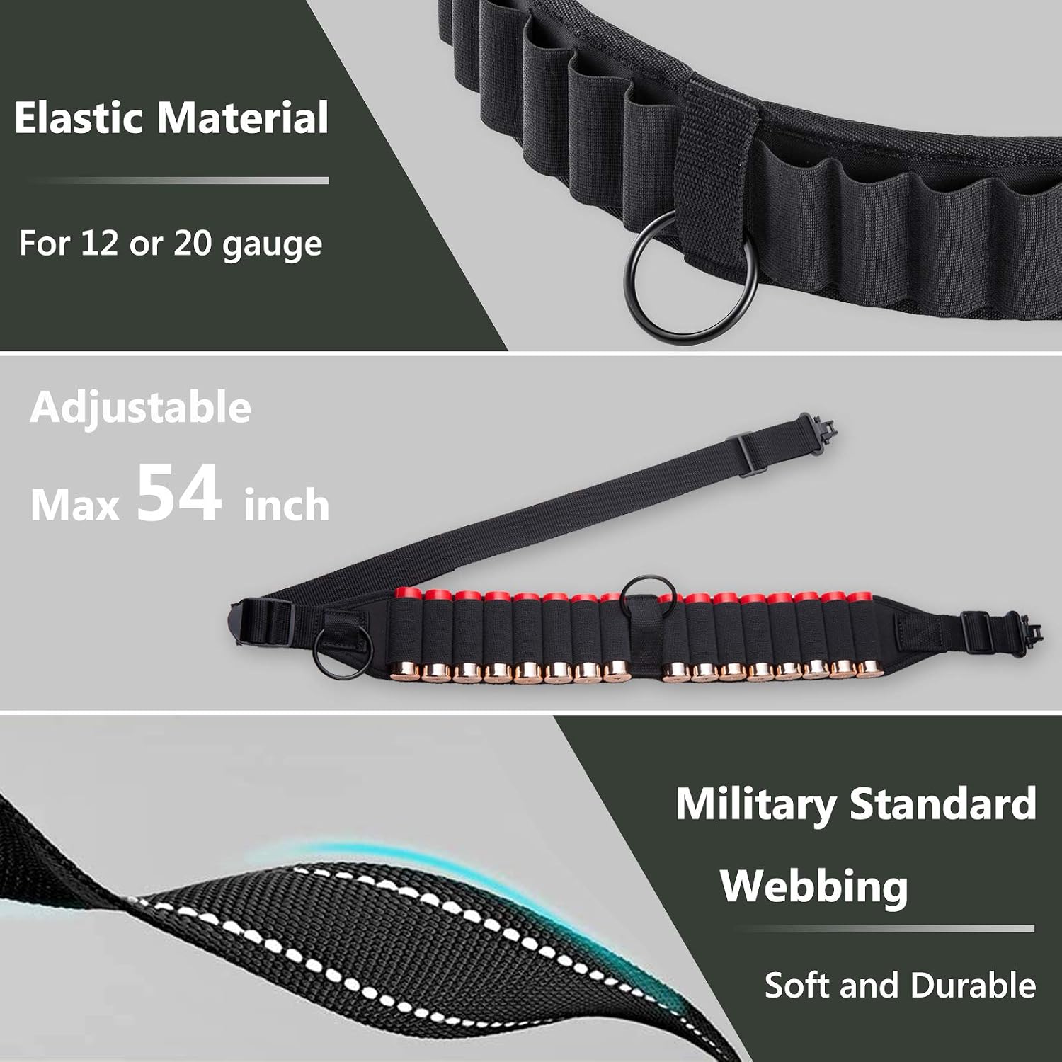 OUDXVEE Shotgun Sling with Shell Holder, Durable Rifle Sling with Swivels, Comfortable Shoulder Padded Shotgun Sling, Adjustable 2 Point Gun Sling Hold 16 Rounds of 12/20 Ga for Hunting Shooting