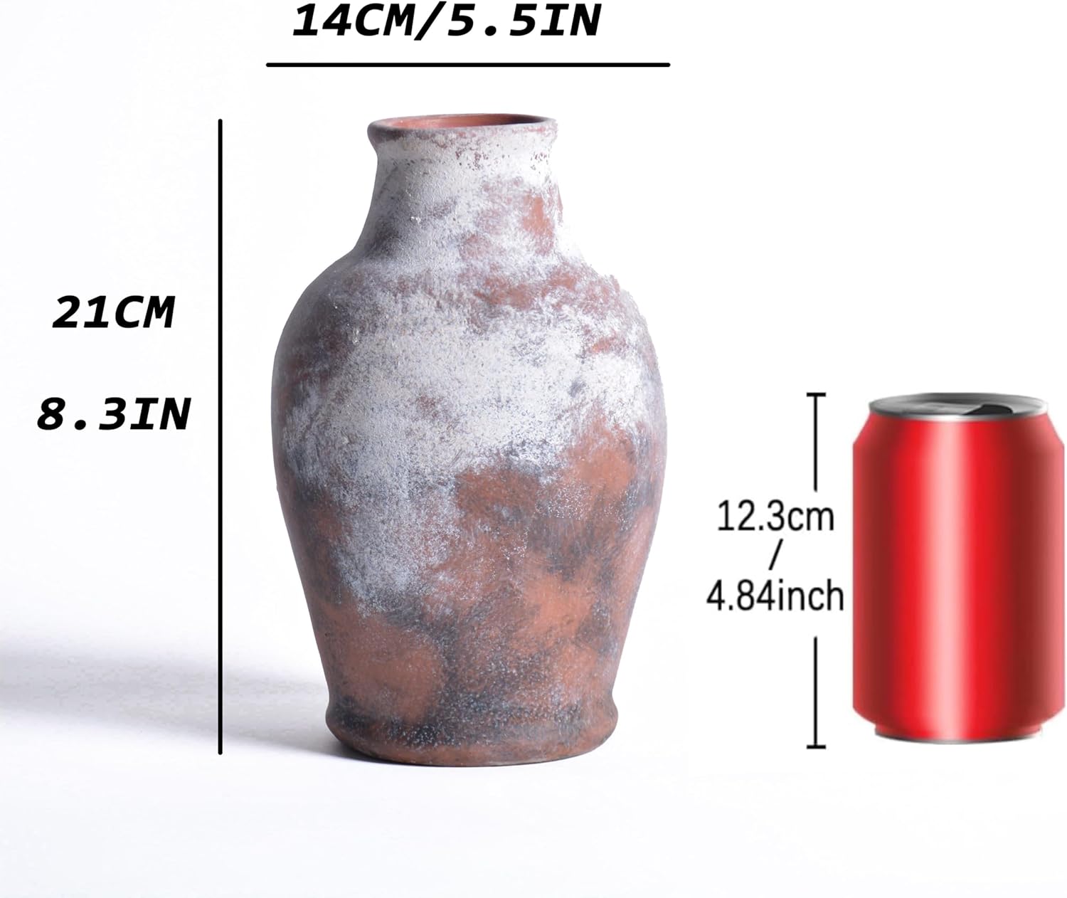 Handmade Rustic-Style Ceramic Decorative vase, Dimensions 8.3 x 5.5 inches, Featuring Distressed Gray and Terracotta hues, Suitable for Rustic, Country, and Various Decor Styles.