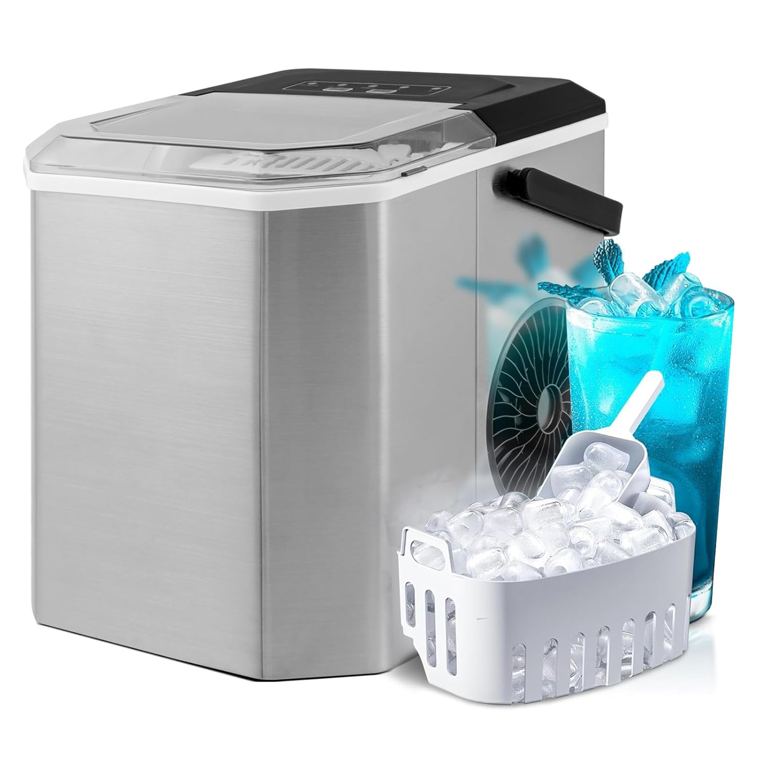 ARLIME Countertop Ice Maker, Portable Ice Making Machine 6-13 Mins 9 Cubes, 26.5 lbs/24 H, 2 Sizes Cube, Auto-Cleaning Function, Basket & Scroop Include, Perfect for Home Kitchen Bar Office (Silver)