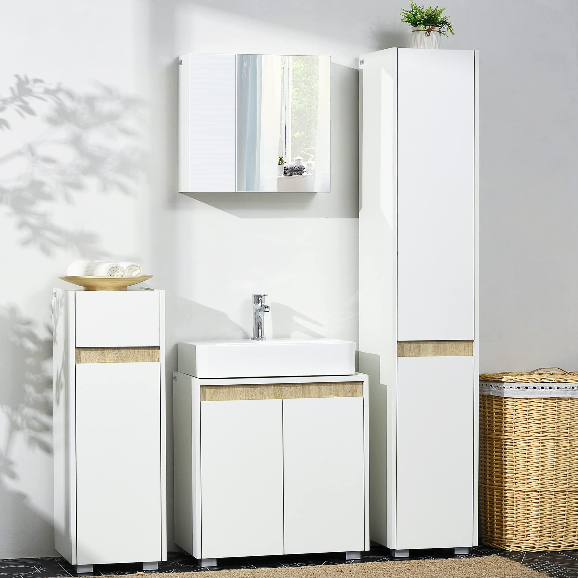 kleankin Mobile Bagno con Specchio, 2 Ante e Ripiani Regolabili, Specchio Bagno Contenitore in Truciolato e Vetro, Design a Parete, 48x15x45 cm, Bianco