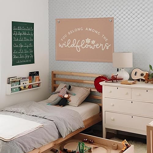 Miniatura 4 de Decoración de habitación de niñas, decoración de guardería de bebé niña con flores silvestres, pancarta de lona de lino rosa para baby shower,