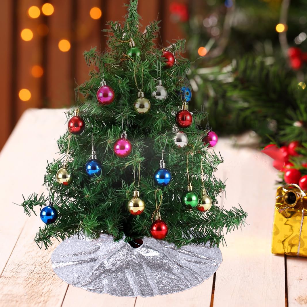 Christmas Tree Skirt Small 24 Inch Sequin Tree Skirt Silver Xmas Holiday Decoration Glitter Tree Skirts for Halloween Small Round Christmas Tree Mat Luxury (24 Inches, Silver)