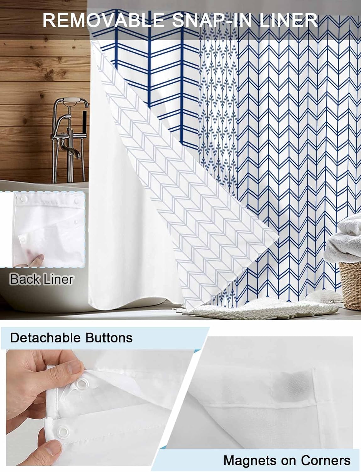 No Hook Shower Curtain with Snap in Liner,Minimalist Geometric Stripe Art Waterproof Bath Curtain with See Through Top Window,Abstract Blue Herringbone Shower Curtains for Bathroom Decor,72x72in