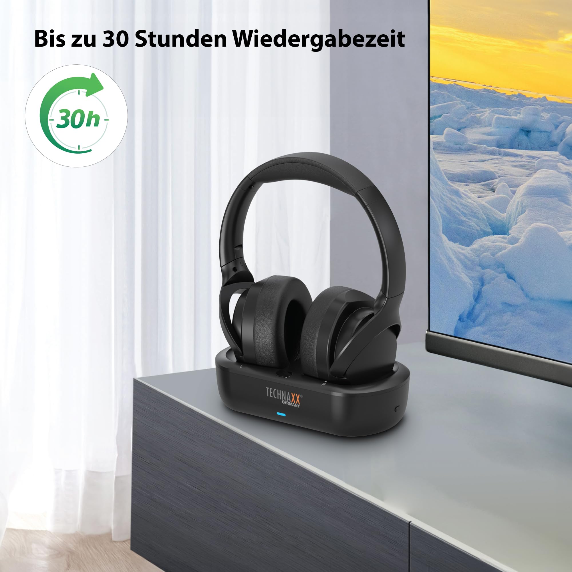 Technaxx TV Kopfhörer kabellos mit Ladestation – Funkkopfhörer für Fernseher mit Bluetooth 5.4, Mikrofon, 30h Akku, USB-C, optischer & AUX-Anschluss, Over-Ear Stereo Headset - TX-350