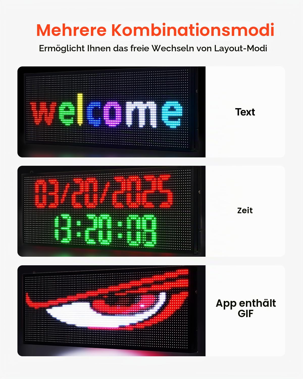 VEVOR programmierbare LED Zeichen P10 Vollfarbe flexibles digitales Scrolling Panel, DIY Anzeigetafel mit benutzerdefiniertem Textmuster und GIF & Bluetooth App Steuerung LED Laufschrift (99 x 35 cm)