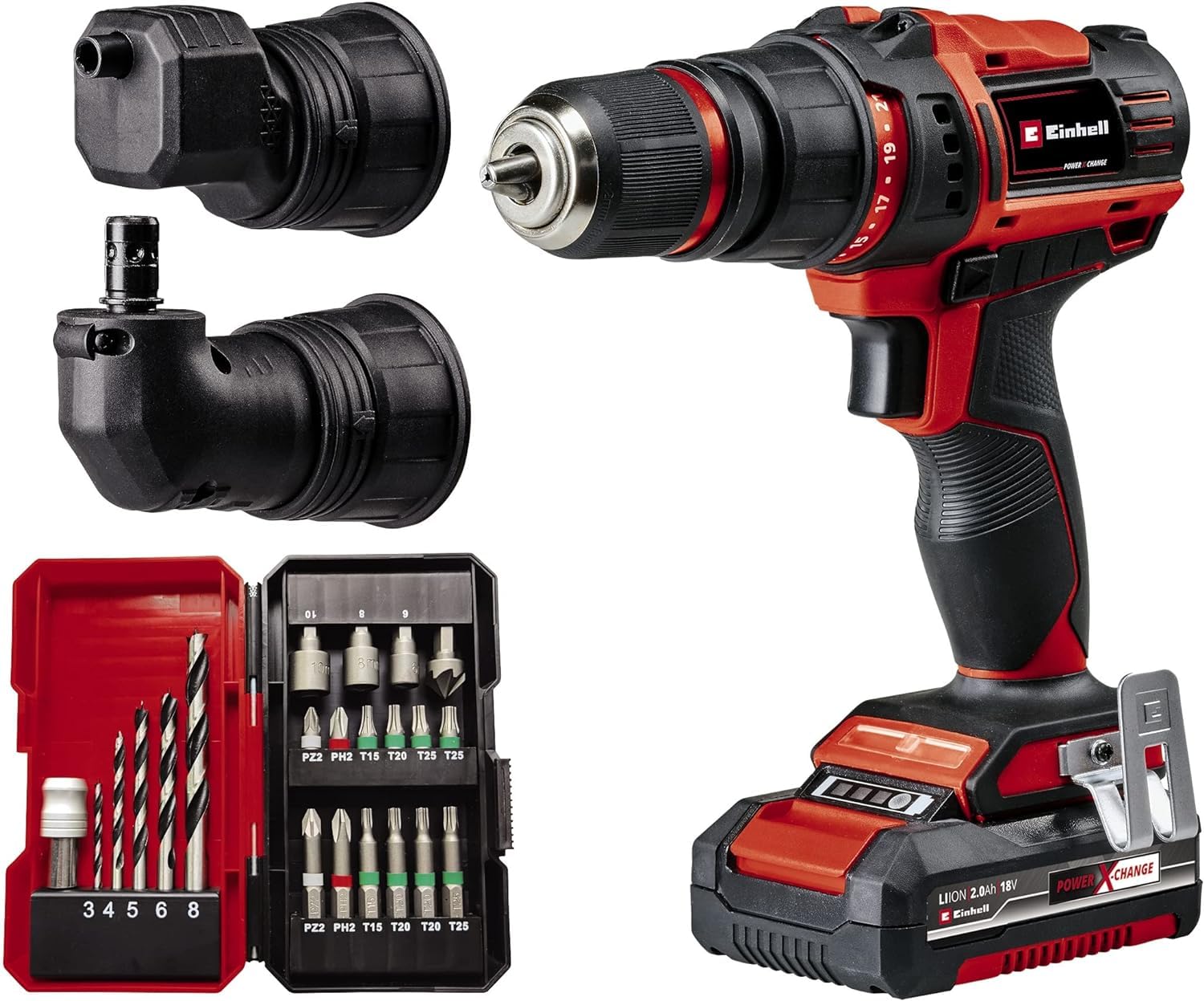 Einhell TE-CD 18/45 3X-Li+22 Power X-Change Drill with Battery (Detachable Chuck, Angle and Eccentric Piece, 22-Piece Bit Set, 2.0Ah Battery, Charger + E-Box)