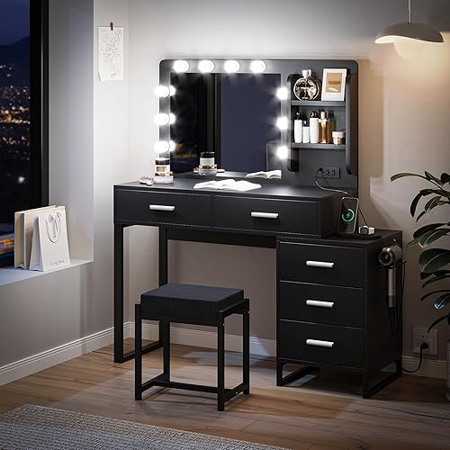 Miniatura 2 de Semiocthome Escritorio de maquillaje blanco con espejo y luces, tocador de maquillaje con tira de corriente, mesa de tocador de 39.4 pulgadas de