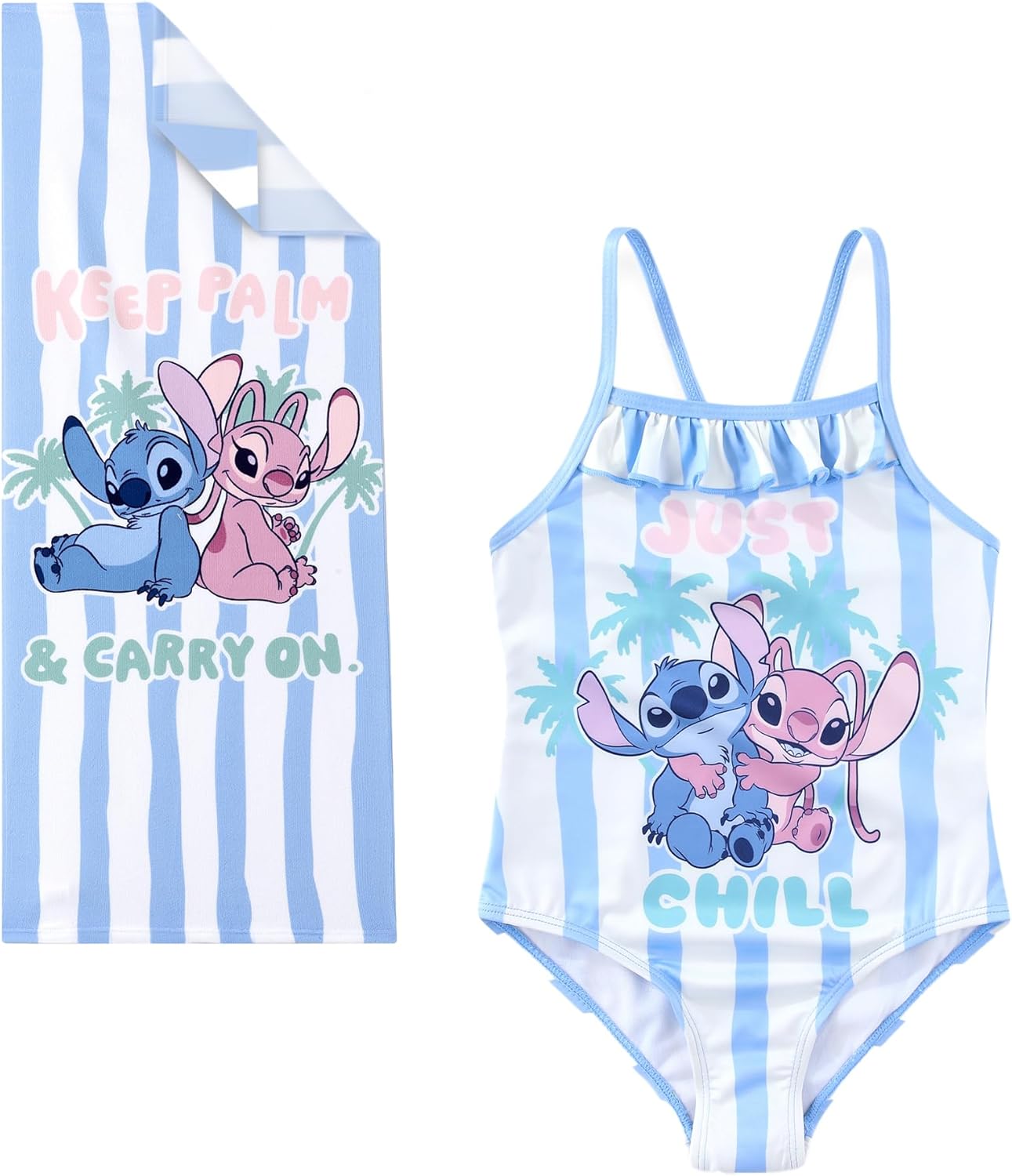 Disney Lilo and Stitch Girls One Piece Swimsuit Bathing Suit with Pool Beach Towel 20 x 50 Set for Toddler to Big Kids
