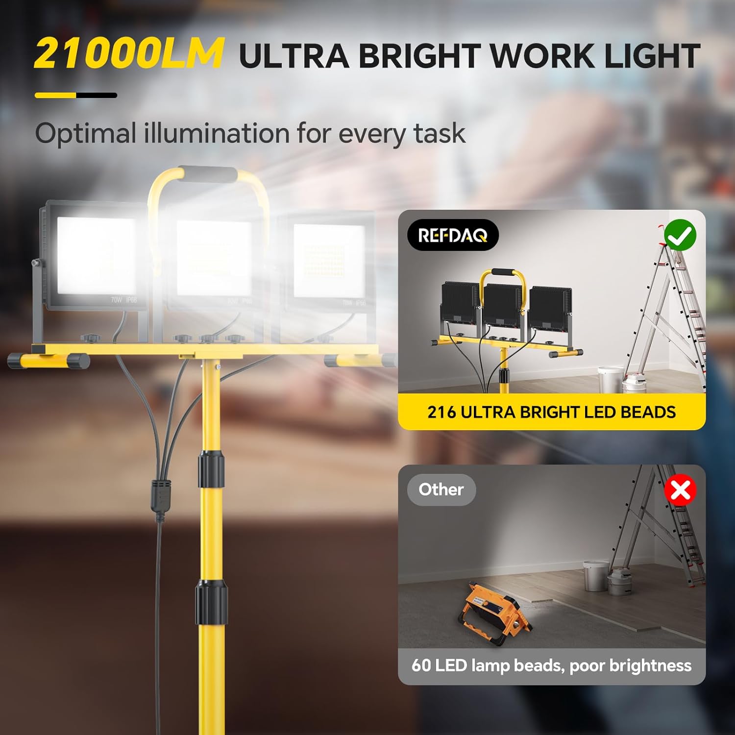 21000 Lumen LED Work Lights with Stand: 3 Head Adjustable Work Light with Individual Switch, IP66 Waterproof Foldable Tripod, 16.5FT Cord for Indoor/Outdoor Job Site Construction Garage Lighting
