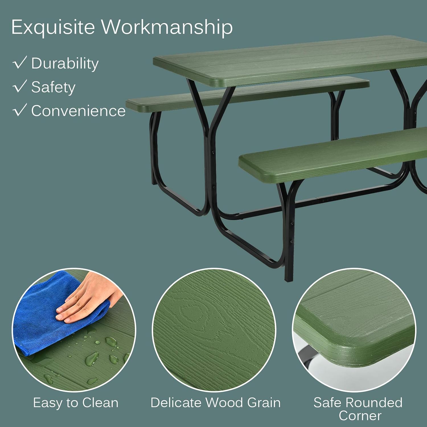 Close-up images showing the easy-to-clean surface, delicate wood grain texture, and safe rounded corners of the picnic table.