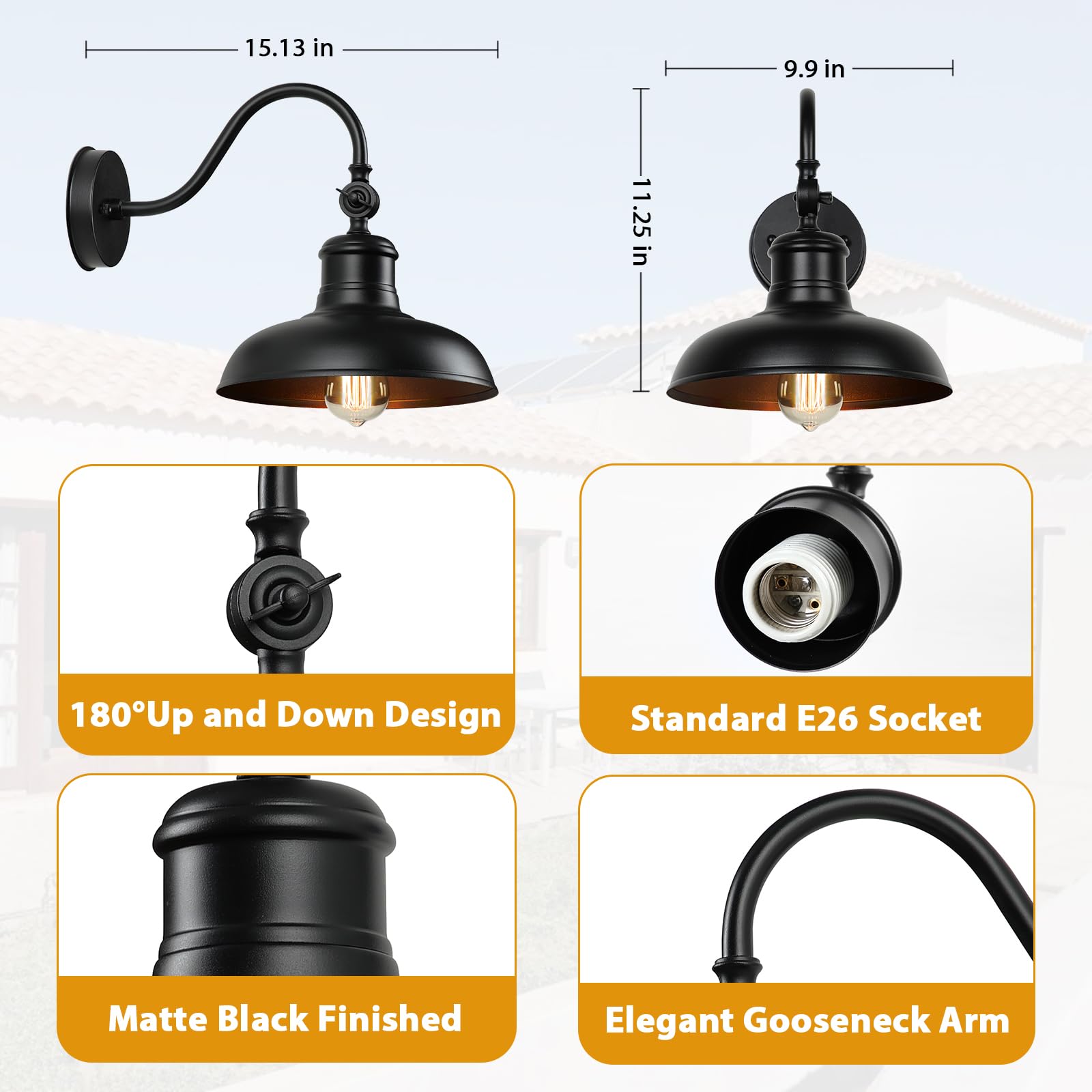 2-Pack Outdoor Wall Lights, Matte Black Modern Farmhouse Gooseneck Barn Light, Industrial Exterior Wall Light Fixtures Wall Mount, E26 Porch Lights for House Garage Frontdoor Entryway Bathroom Doorway