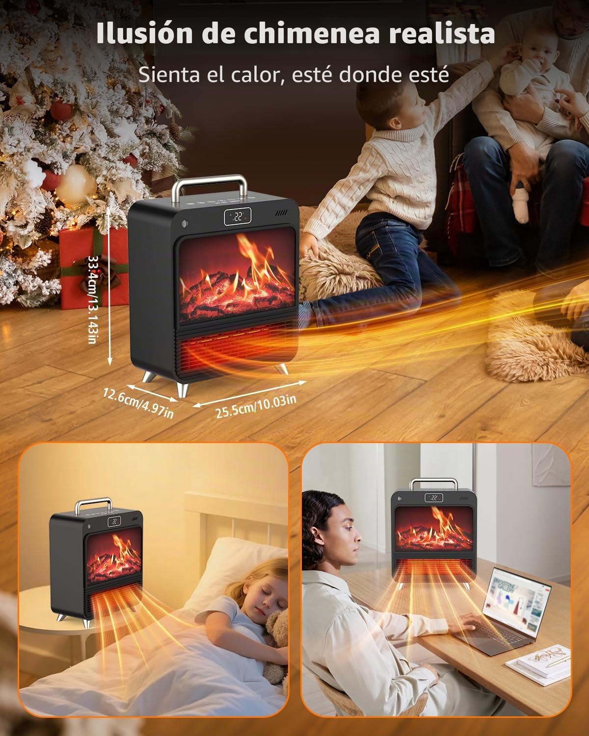 Calefactor Bajo Consumo 1500W PTC Cerámico con 4 Modos, Protección contra Sobrecarga y Vuelco, Temporizador 12H, Termostato Ajustable, Portátil y Silencioso para Baño, Dormitorio, Sala, Calentador