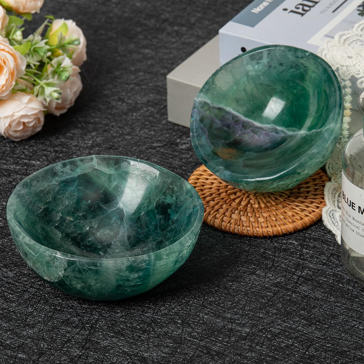 Large Green Fluorite Crystal Bowl Hand-Carved Round Fluorite Crystals Gemstone Bowl Reiki Healing Home Decoration Gift 4-4.5"