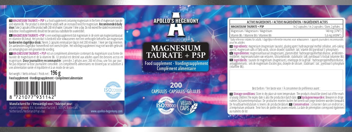 Magnesium Taurate + P-5-P 140 mg par portion - 200 gélules végétaliennes - 100 jours d'approvisionnement - soutient la fonction musculaire et nerveuse - supplément d'Apollo's Hegemony