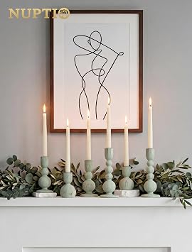 NUPTIO Candle Stick Holders Decor: Set of 3 Farmhouse Wooden Taper Candle Holders - Rustic Sage Green for Home Coffee Dinner Table